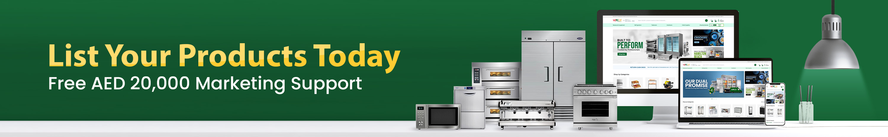 Banner showing List Your Products Today promotion with AED 20,000 free marketing support, featuring kitchen equipment and ecommerce platform.